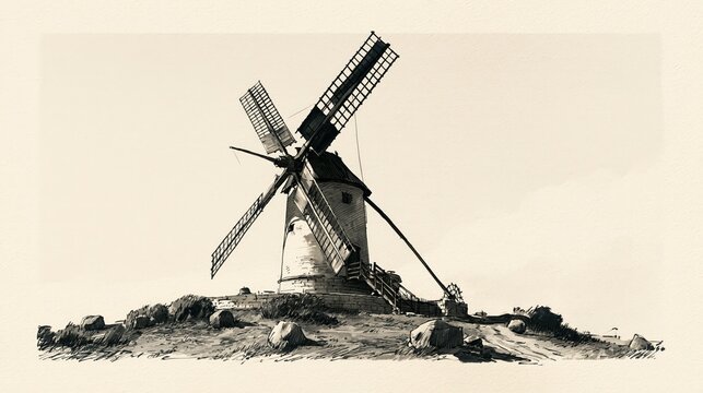 Hand-drawn ink line illustration of windmill sails turning