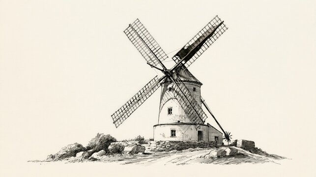 Hand-drawn ink line illustration of windmill sails turning in soft cinematic light