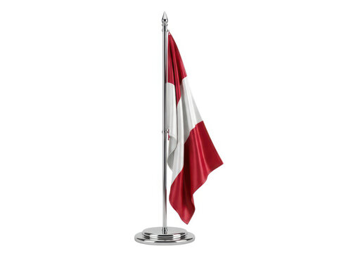 Peru flag waving on a silver pole stand for office desk or official meeting event