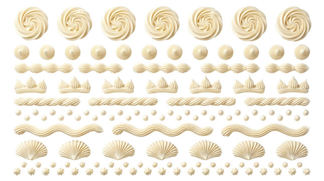 White buttercream frosting swirls and piping patterns, decorative cake icing borders set, sweet cream whipped topping elements on white background