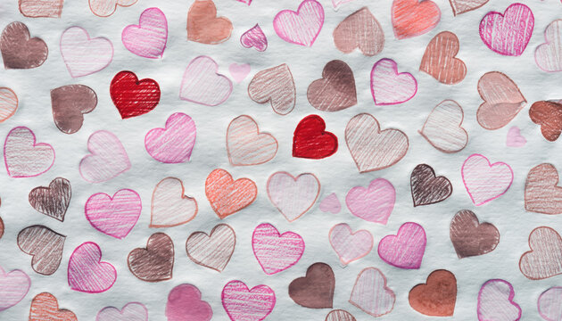 Colorful hearts made with crayons on paper show a variety of shades and sizes