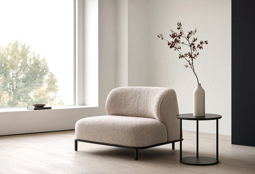 Modern minimalist living room with cozy beige armchair and small side table near large window