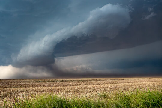 View of a powerful supercell storm with dark, rotating clouds and a shelf cloud hanging over a vast, dry agricultural field under a dramatic, stormy sky.