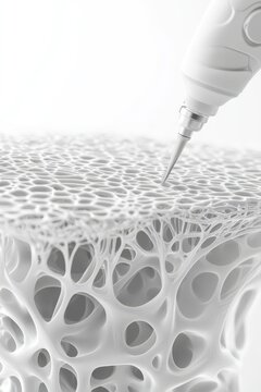 Tiny scale analysis of complex cellular structure with precise microscopic tool advancement, revealing intricate biological matrix detail.