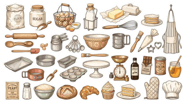 A comprehensive collection of hand-drawn illustrations depicting various baking tools, ingredients, and finished cookies, presented in a vintage, etched style.