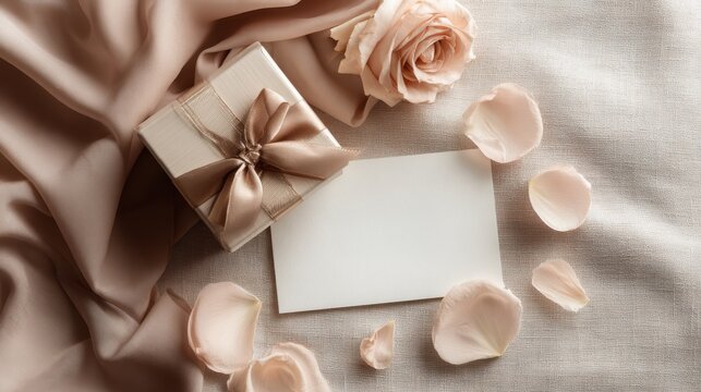 Elegant gift box with rose and blank card on soft fabric background. Beautifully wrapped present sits beside delicate rose scattered petals on textured surface, perfect invitations or announcements