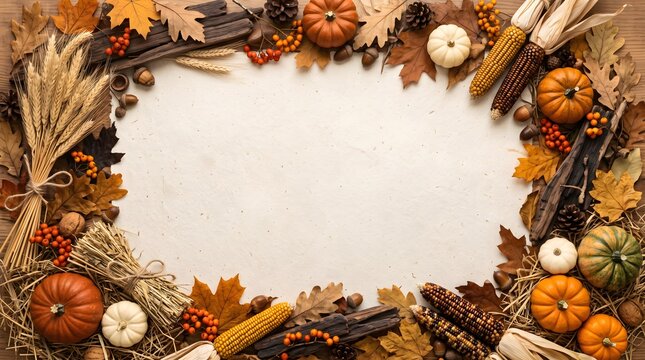Autumn harvest seasonal border frame with pumpkins and wheat thanksgiving pumpkins seasonal