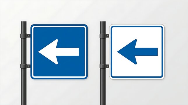 Two square road signs with left pointing arrows on metal posts for traffic direction and navigation guidance