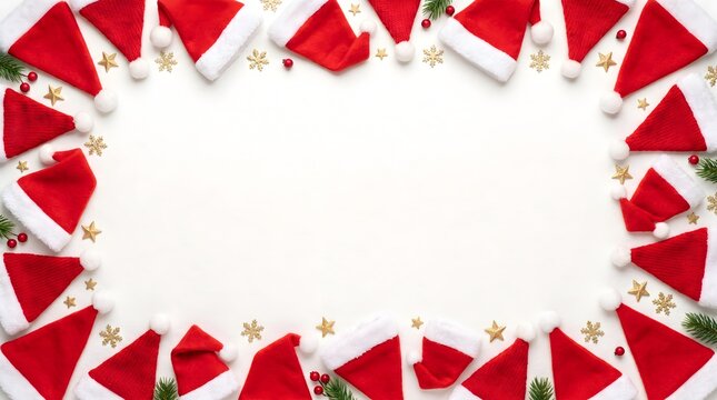 Christmas background frame made of red santa hats with christmas seasonal celebration background