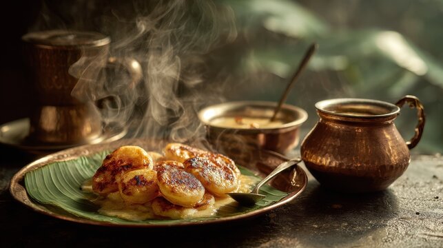 Steaming hot traditional dessert served in copperware with banana leaf presentation. Sweet dish prepared with fried bananas, presented on banana leaf traditional copper utensils steaming beverages