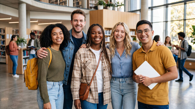 Group of students smiling in a library setting during the day