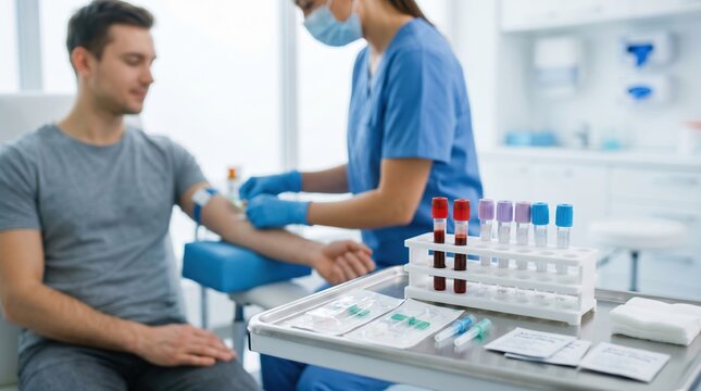 A health worker prepares to take a blood sample from a male patient sitting in a clinic. The room is bright, and various medical supplies are visible on a table nearby