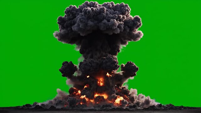 Nuclear explosion mushroom cloud rising with fiery debris against a vibrant green screen backdrop for compositing