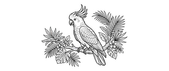 Line art cockatoo bird perched on tropical branch with leaves © tuyun