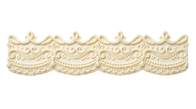 Vintage cream lace border, elegant ivory filigree trim, decorative antique scroll pattern on white background