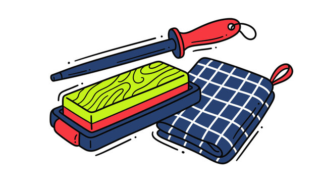 Kitchen sharpening tools and cloth, isolated illustration