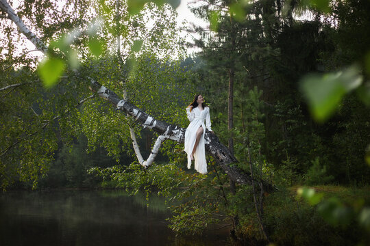 woman in a white outfit sits on a large tree branch over a calm lake in a forest. sun shines through the trees, creating shadows on the water
