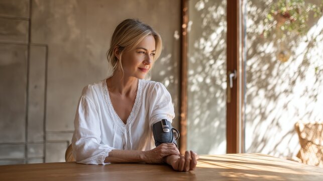 Mature woman checks her blood pressure at home with a digital monitor. A woman sits at a wooden table by a window, using a blood pressure cuff on her arm to monitor her health