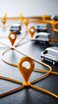 Conceptual representation of network logistics with interconnected location markers and delivery vans illustrating efficient transportation routing and tracking