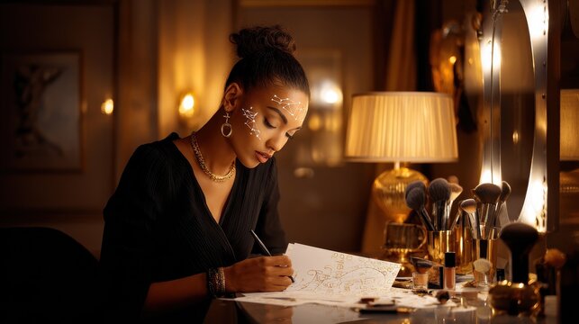 Woman with celestial face paint drawing constellations at a vanity table. A woman with intricate white face paint resembling constellations draws on paper at a dimly lit vanity