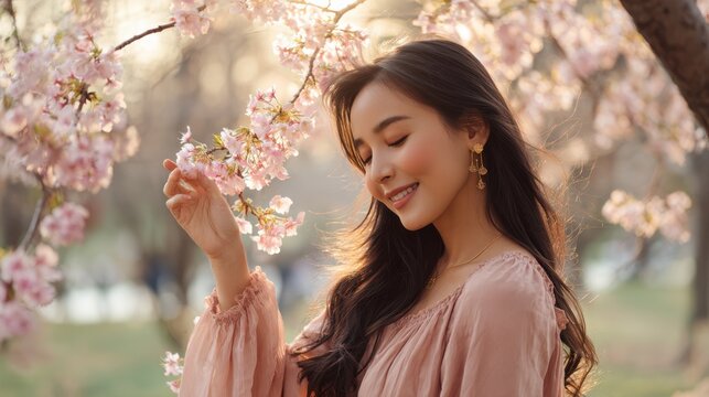 Young woman enjoying beauty of blooming cherry blossoms in soft sunlight. Serene young woman long dark hair smiles gently while touching delicate pink cherry blossoms bathed in warm golden hour light
