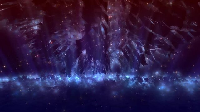 Glowing blue crystal cave with floating light particles and red volumetric rays background animation video
