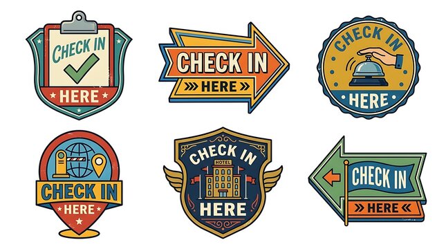 Set of colorful check in here signs and hotel reception badges with arrows and symbols for travel and business