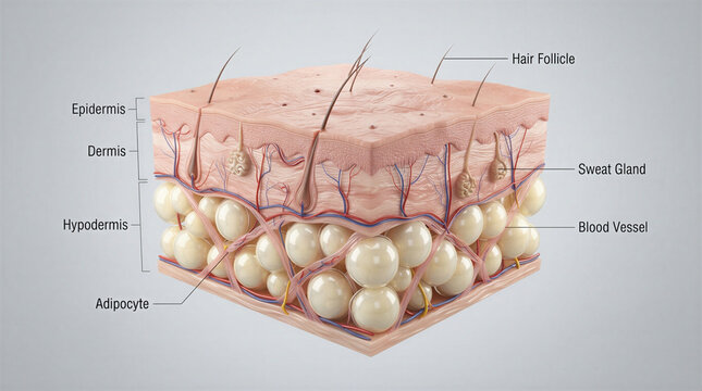Human Skin Anatomy A detailed cross section illustrating the layers of human skin including the epidermis dermis hypodermis hair follicles sweat glands blood vessels and adipocytes