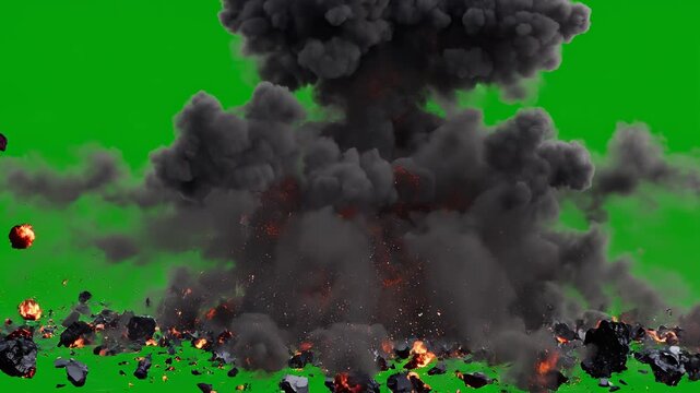 Nuclear explosion sequence with debris and smoke on green screen for visual effects