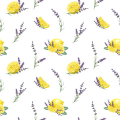 Fototapeta premium Lemon with lavender watercolor illustration seamless pattern. Hand painted floral pattern design for wallpaper, fabric, textile, packaging, stationery, kitchen decor, branding and home decor.