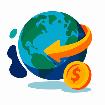 global money transfer international currency exchange concept planet earth golden dollar coin financial transaction remittance economy business logo emblem sticker decal graphic design print
