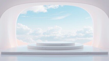 Fototapeta premium Minimalist stage. White pedestal framed by arched doorway. Soft sky, clouds visible. Clean aesthetic, product presentation focus.
