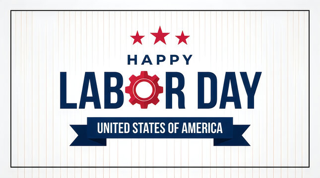 Happy labor day banner design with red gear and blue ribbon for united states of america holiday