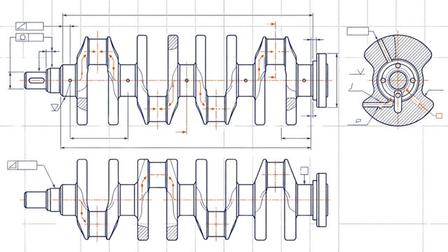 Crankshaft engineering drawing, technical blueprint for mechanical components