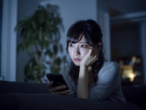 夜の暗い室内でスマートフォンを見つめながら悩み事や考え事をして落ち込む若い女性