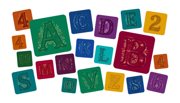 Decorative floral alphabet and numbers block set featuring ornate letters A B C D E H K L M N O S V Z and digits 2 4 6 8 vector illustration.