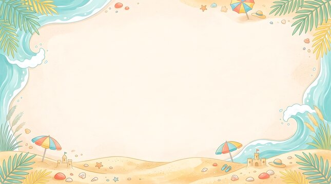 Watercolor summer beach border background with sand and tropical sea waves tropical watercolor