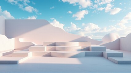 Fototapeta premium Abstract pastel landscape. Geometric shapes create steps, hills, sky visible. Soft light, minimalist design, dreamy aesthetic.