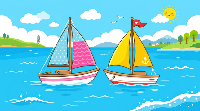 Colorful sailboats racing on blue ocean
