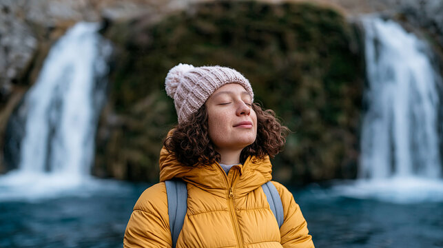 Woman stands near waterfalls with her eyes closed and a smile while wearing a yellow jacket and a knit hat
