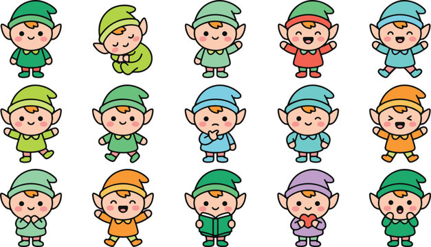 Cute christmas elf cartoon character set collection vector