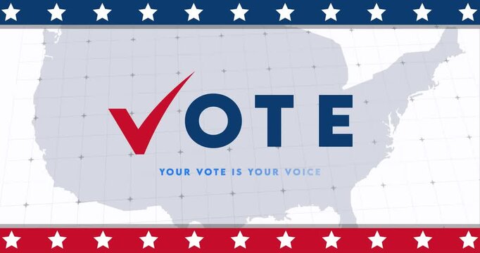4K US Election Vote motion graphic title with USA map background. Suitable for presidential midterm voting campaign, news intro, democracy campaign banner