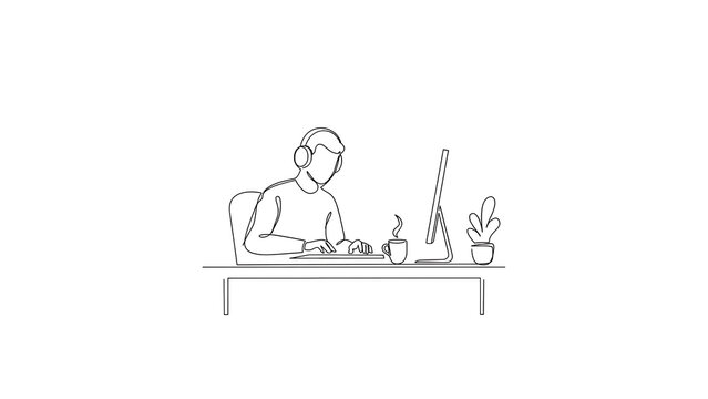 Remote worker at office desk using personal computer, continuous line art illustration of freelancer with headphones and keyboard, modern minimalist business concept for web design