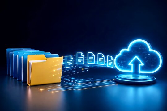 Yellow folder uploading digital documents into glowing cloud computing icon for network data migration and paperless office