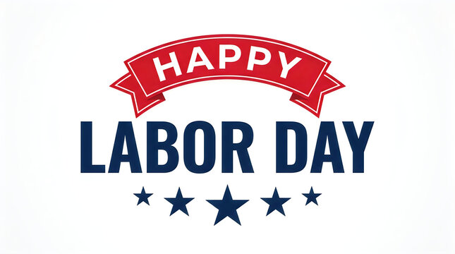 Happy labor day text graphic with a red ribbon and blue stars on a white background design