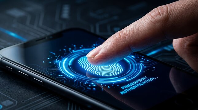 Closeup of a finger performing biometric fingerprint authentication on a smartphone screen
