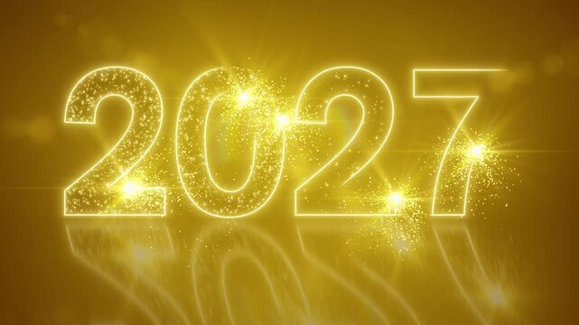 Video animation of abstract neon light with the numbers 2027 on a reflective floor against a yellow background - represents the new year - vacation concept.