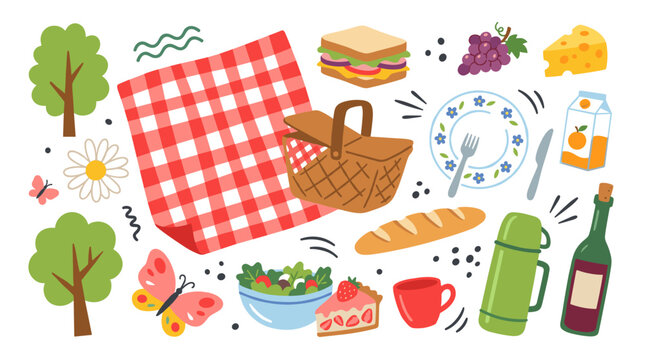 Set of summer picnic food and items featuring basket, red checkered blanket, baguette, salad, cheese, drink, butterfly, and trees for outings