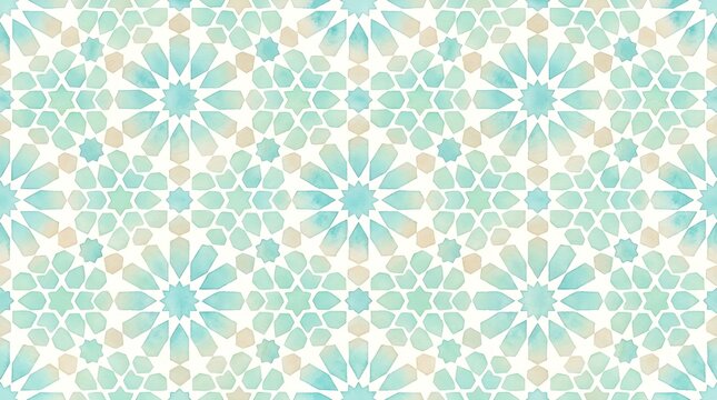 Intricate Islamic geometric star pattern in watercolor style with teal and beige for luxurious fabric and wallpaper.