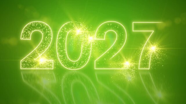 Video animation of abstract neon light with the numbers 2027 on a reflective floor against a green background - represents the new year - vacation concept.